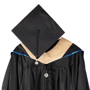 Masters Cap, Gown w/School Custom Zipper Pull, Hood, Tassel w/School Custom Charm