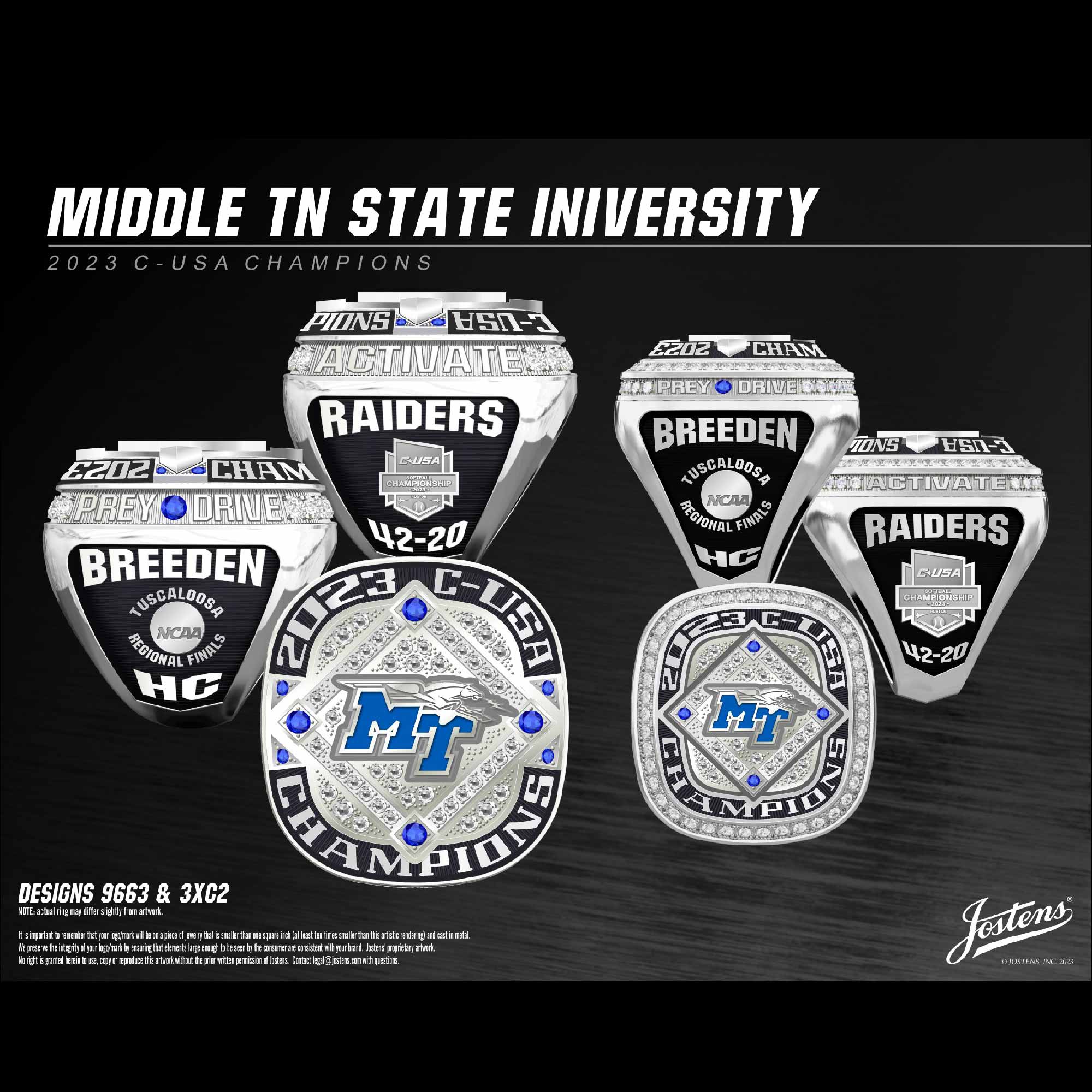 Middle Tennessee State University Women's Softball 2023 CUSA Championship Ring