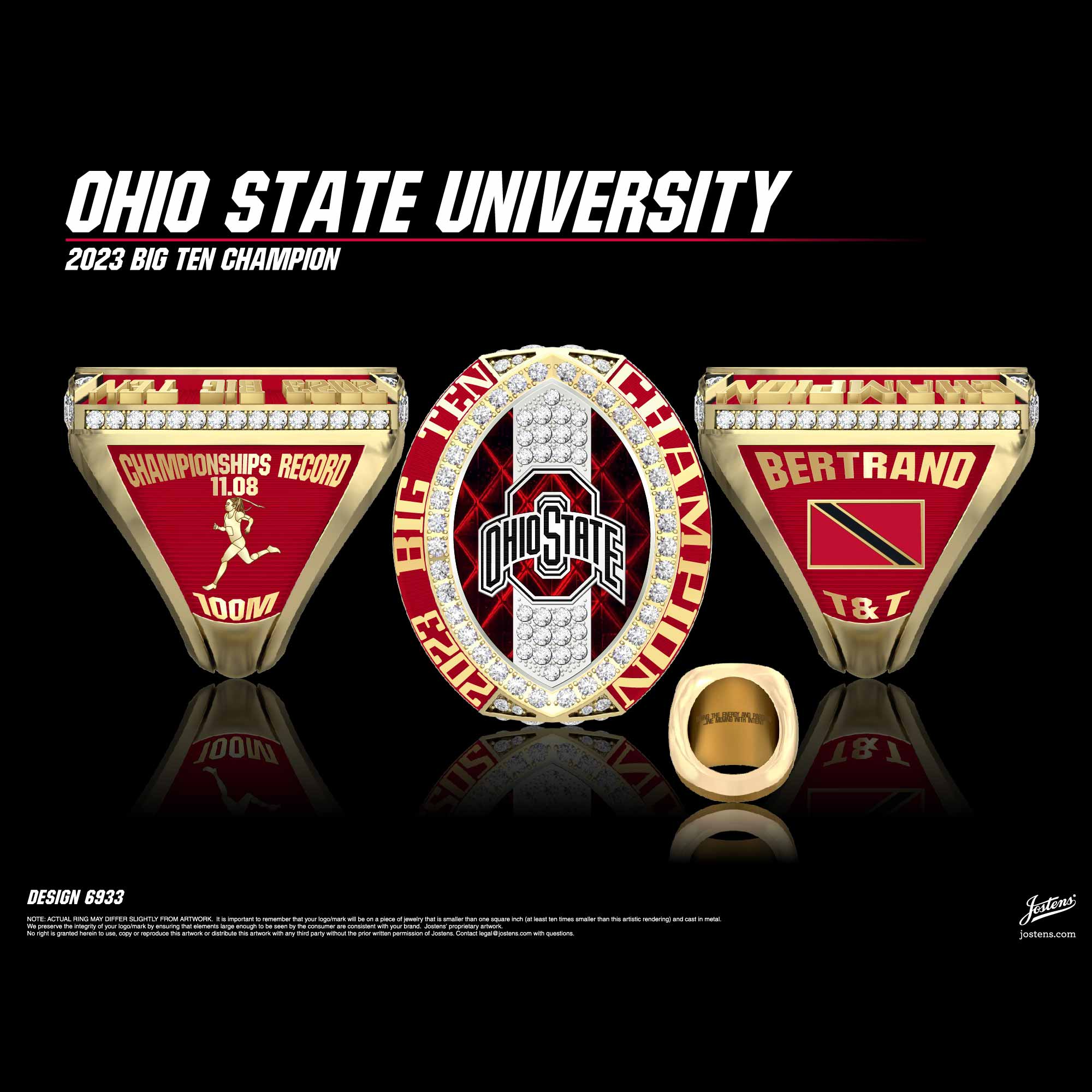 Ohio State University Women's Track & Field 2023 Big Ten 100M Championship Ring