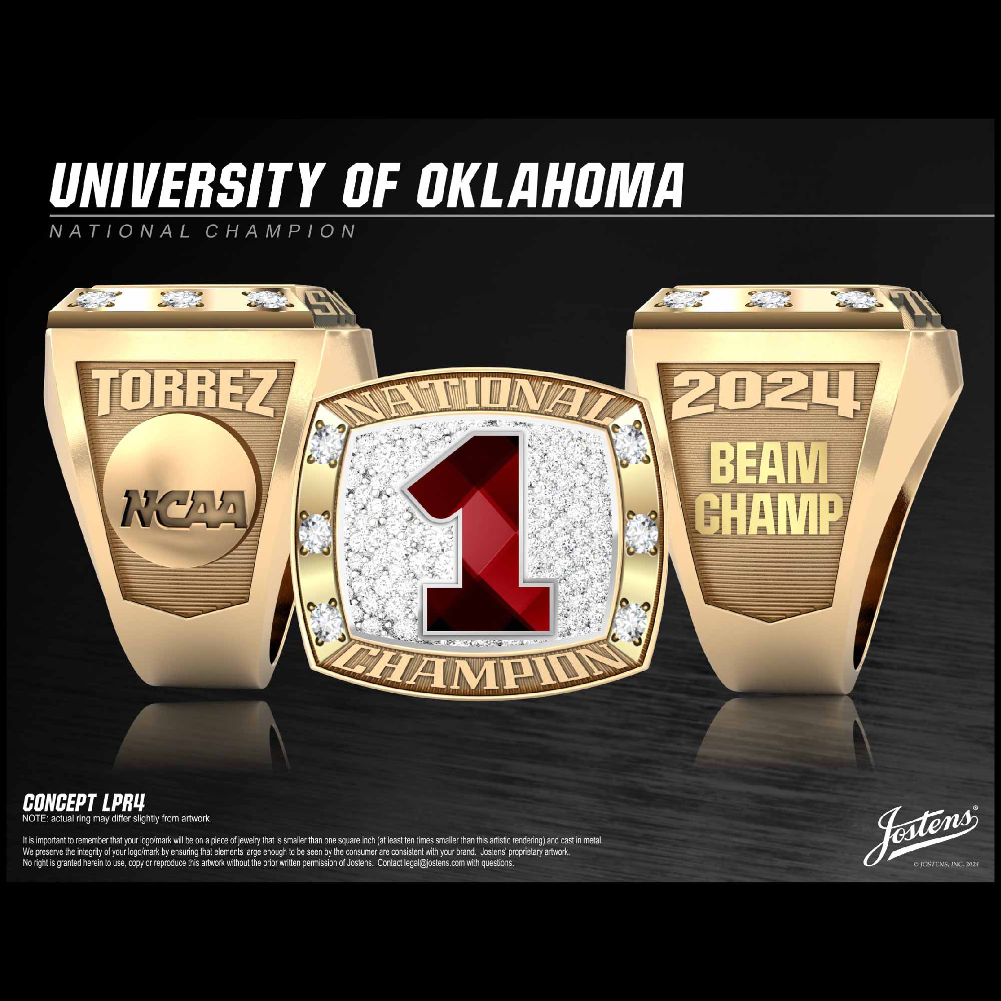 University of Oklahoma Women's Gymnastics 2024 Beam National Championship Ring