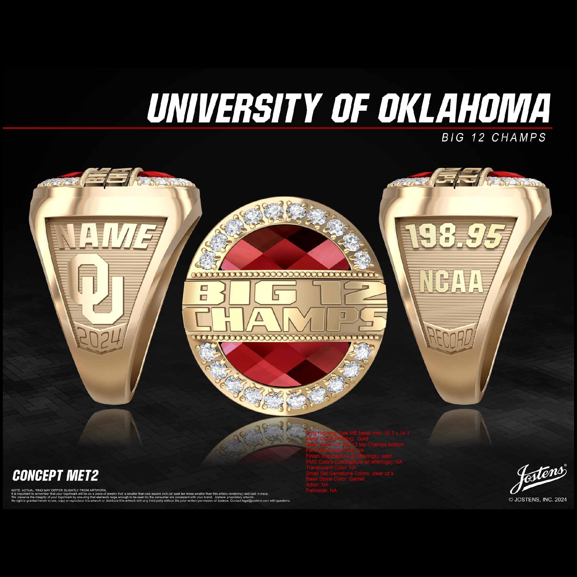 University of Oklahoma Women's Gymnastics 2024 Big 12 Championship Ring