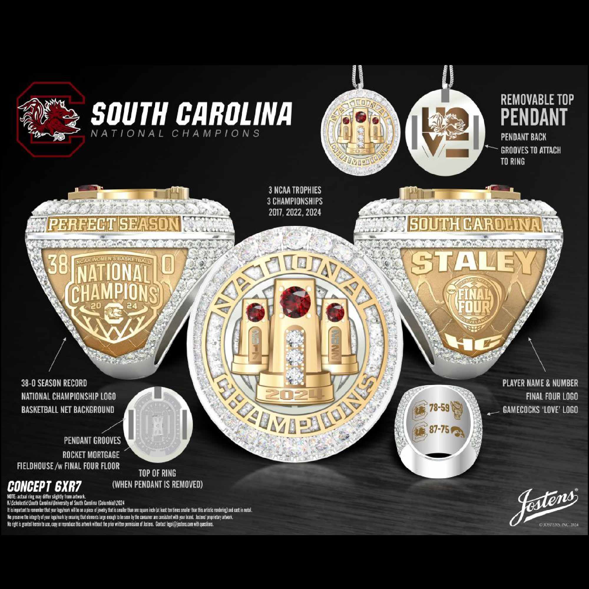 University of South Carolina Women's Basketball 2024 National Championship Ring