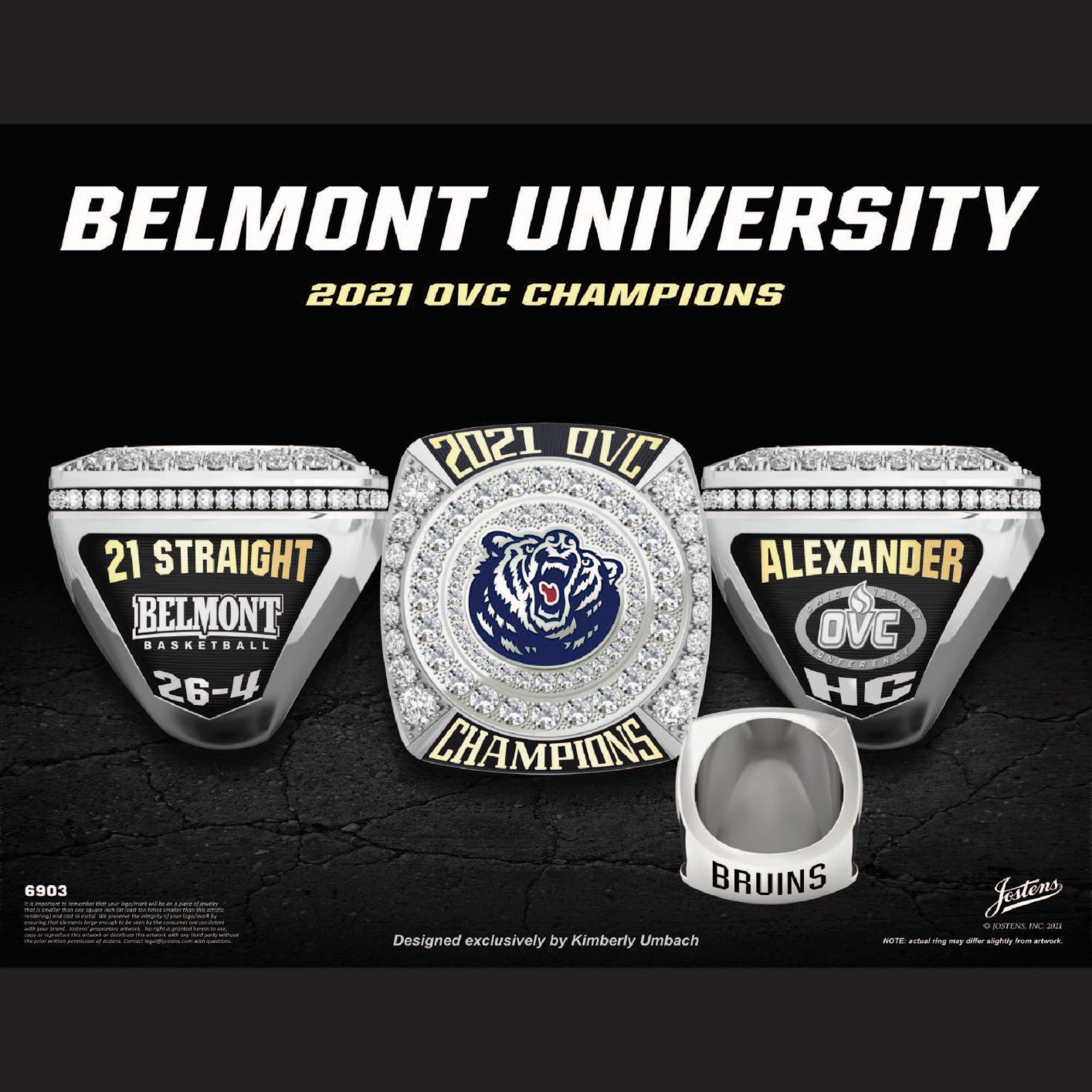 Belmont University Men's Basketball 2021 OVC Championship Ring