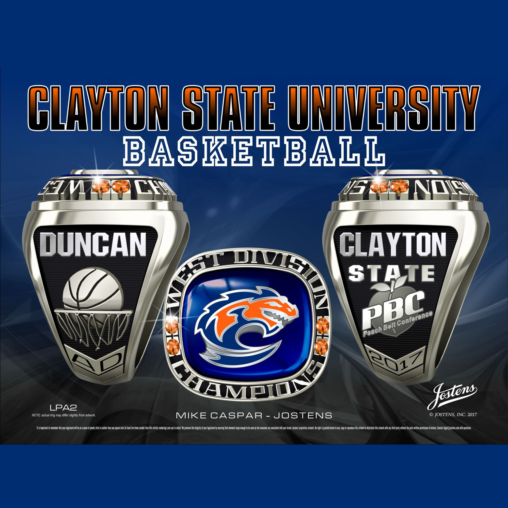 Clayton State University Men's Basketball 2017 Peach Belt Championship Ring