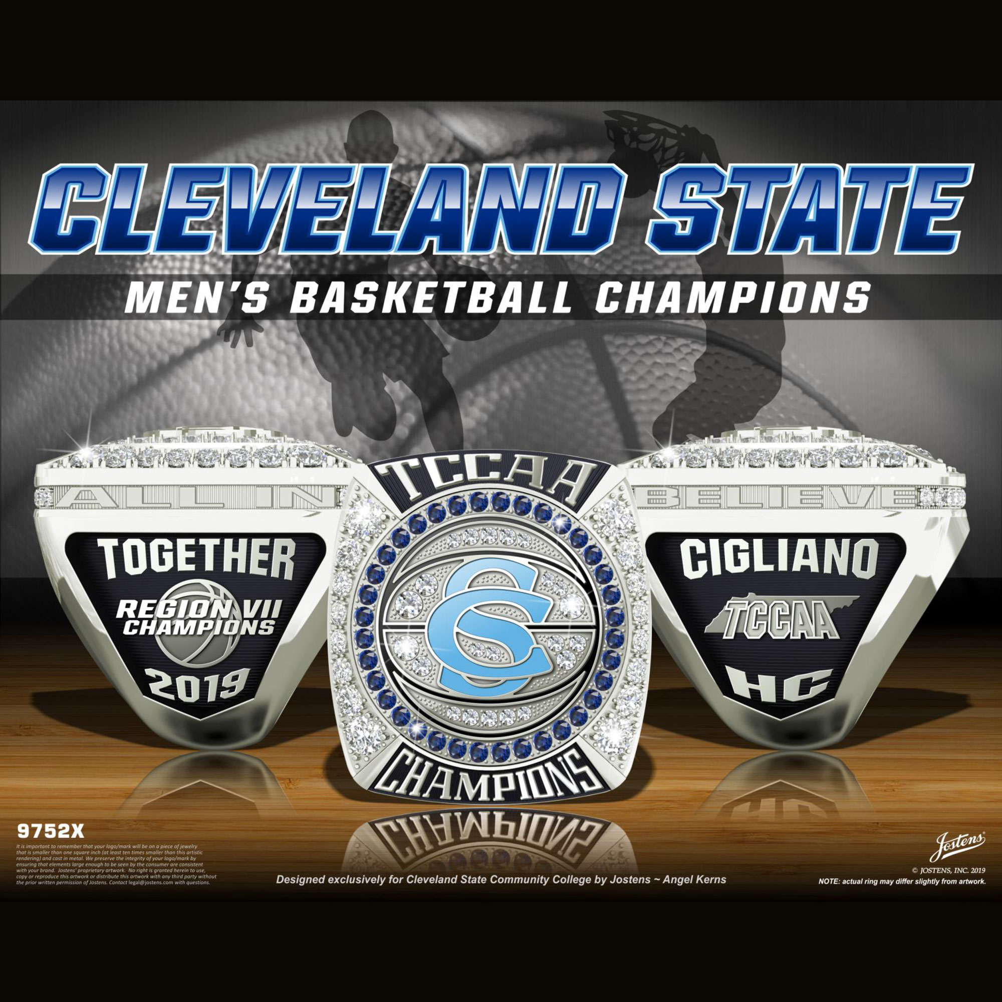 Cleveland State University Men's Basketball 2019 TCCAA Championship Ring
