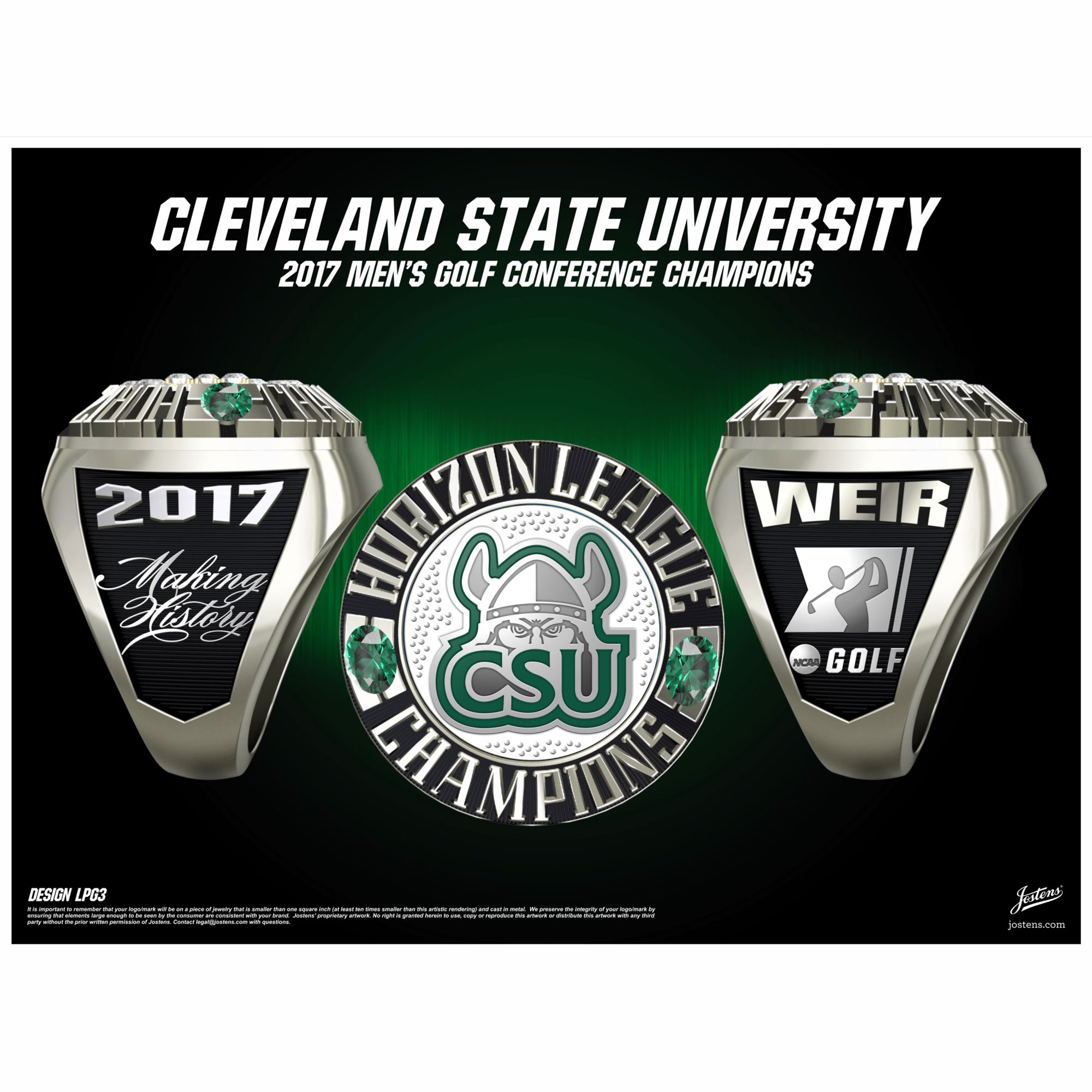 Cleveland State University Men's Golf 2017 Horizon League Championship Ring
