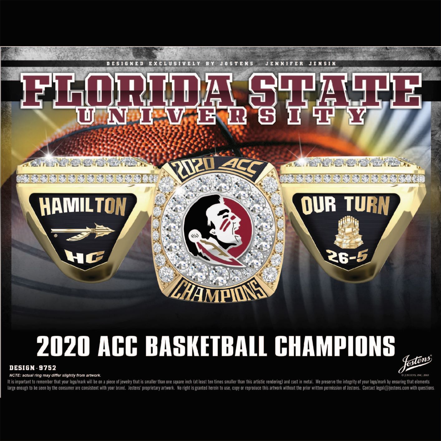 Florida State University Men's Basketball 2020 ACC Championship Ring