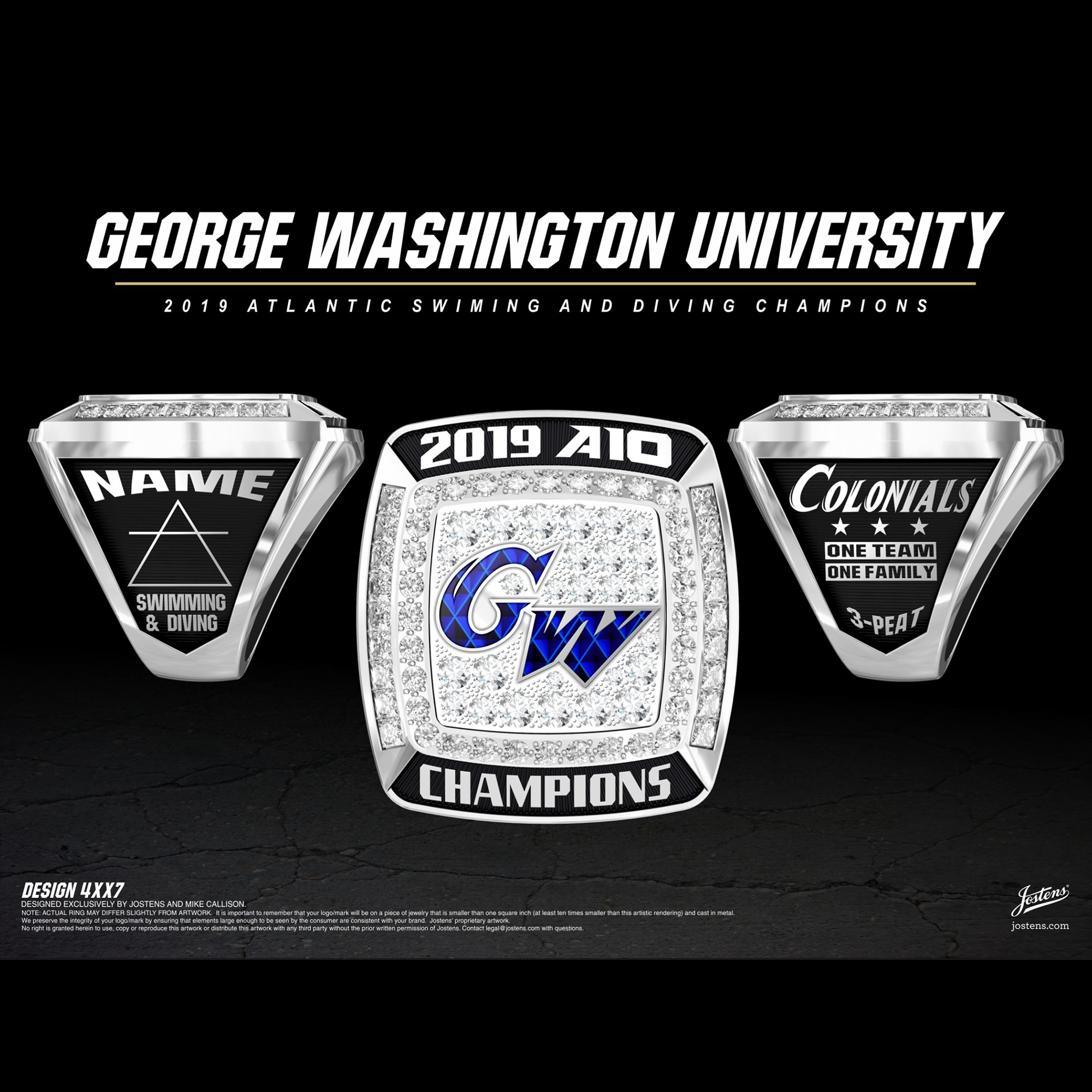 George Washington University Men's Swimming & Diving 2019 A-10 Championship Ring