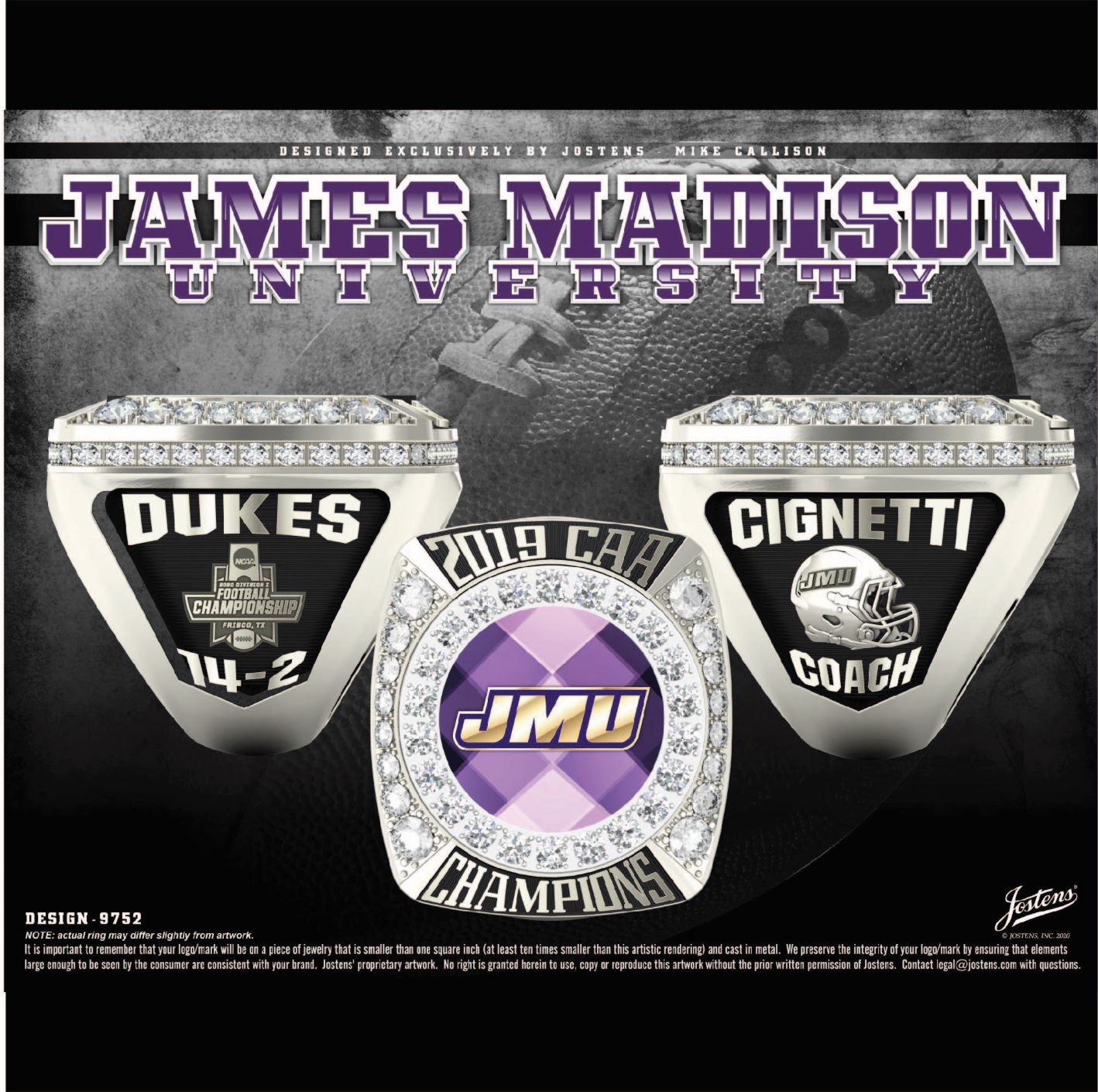 James Madison University Men's Football 2019 CAA Championship Ring