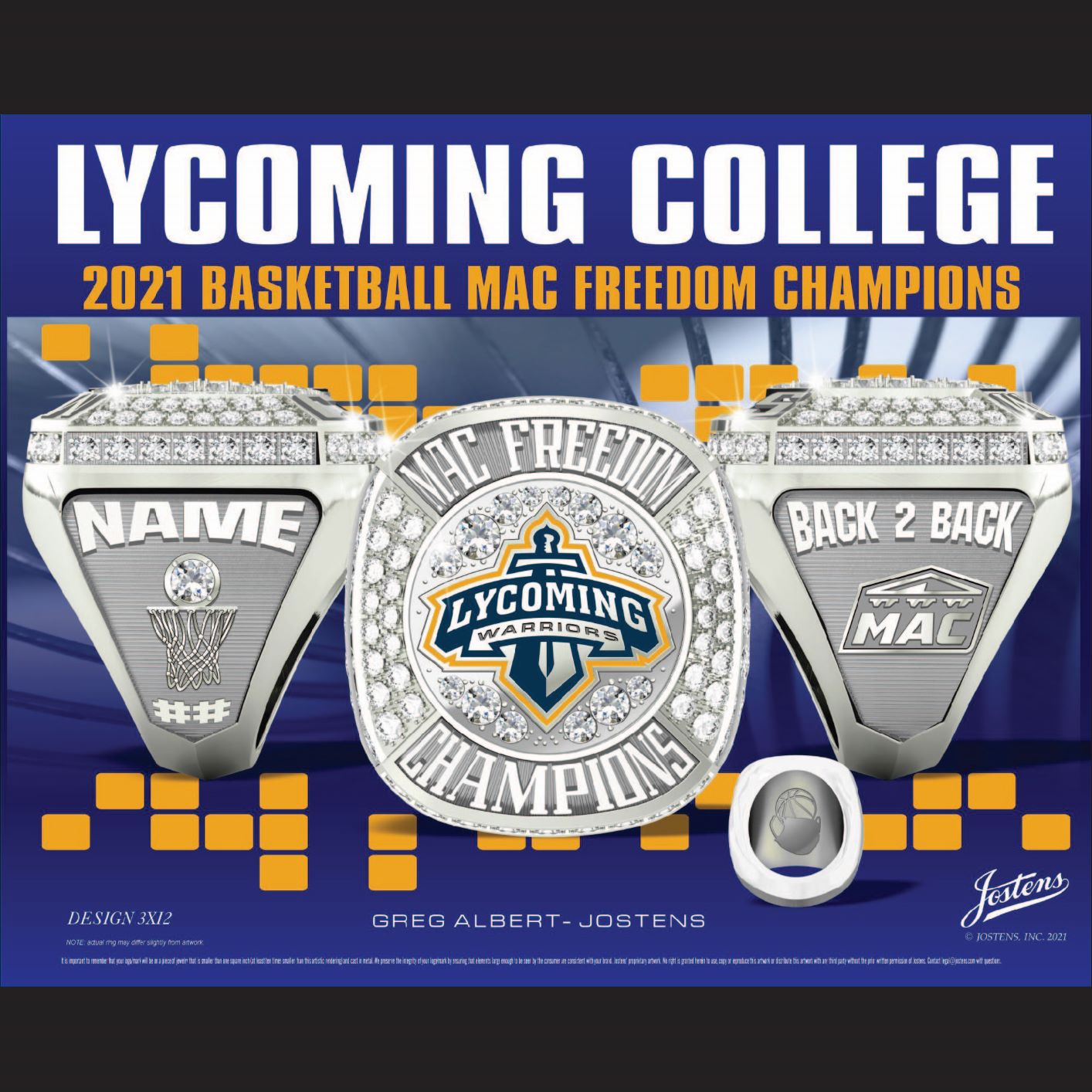 Lycoming College Men's Basketball 2021 MAC Freedom Championship Ring