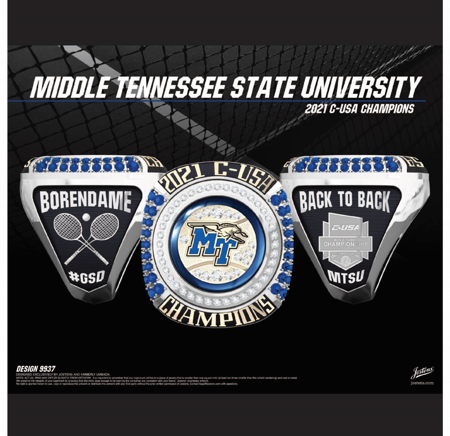 Middle Tennessee State University Men's Tennis 2021 C-USA Championship Ring