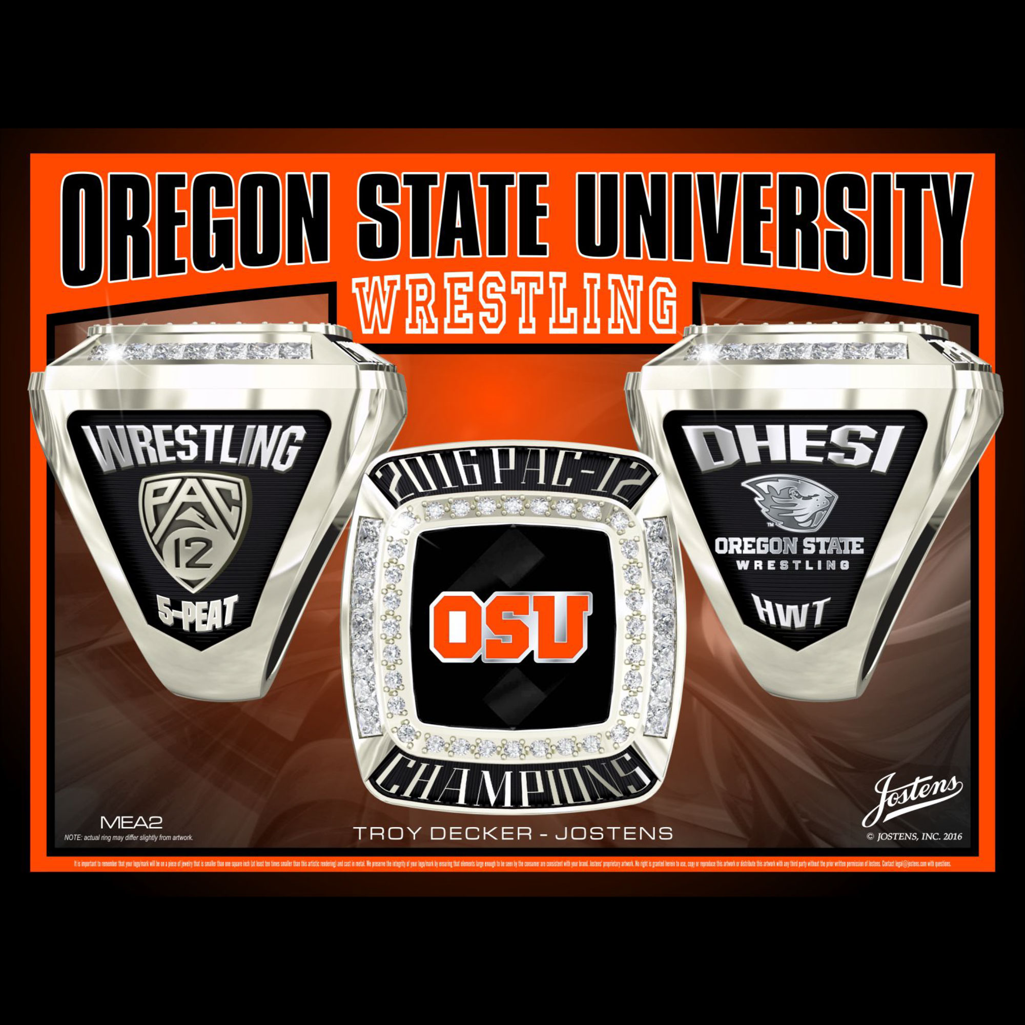Oregon State University Men's Wrestling 2016 Pac-12 Championship Ring