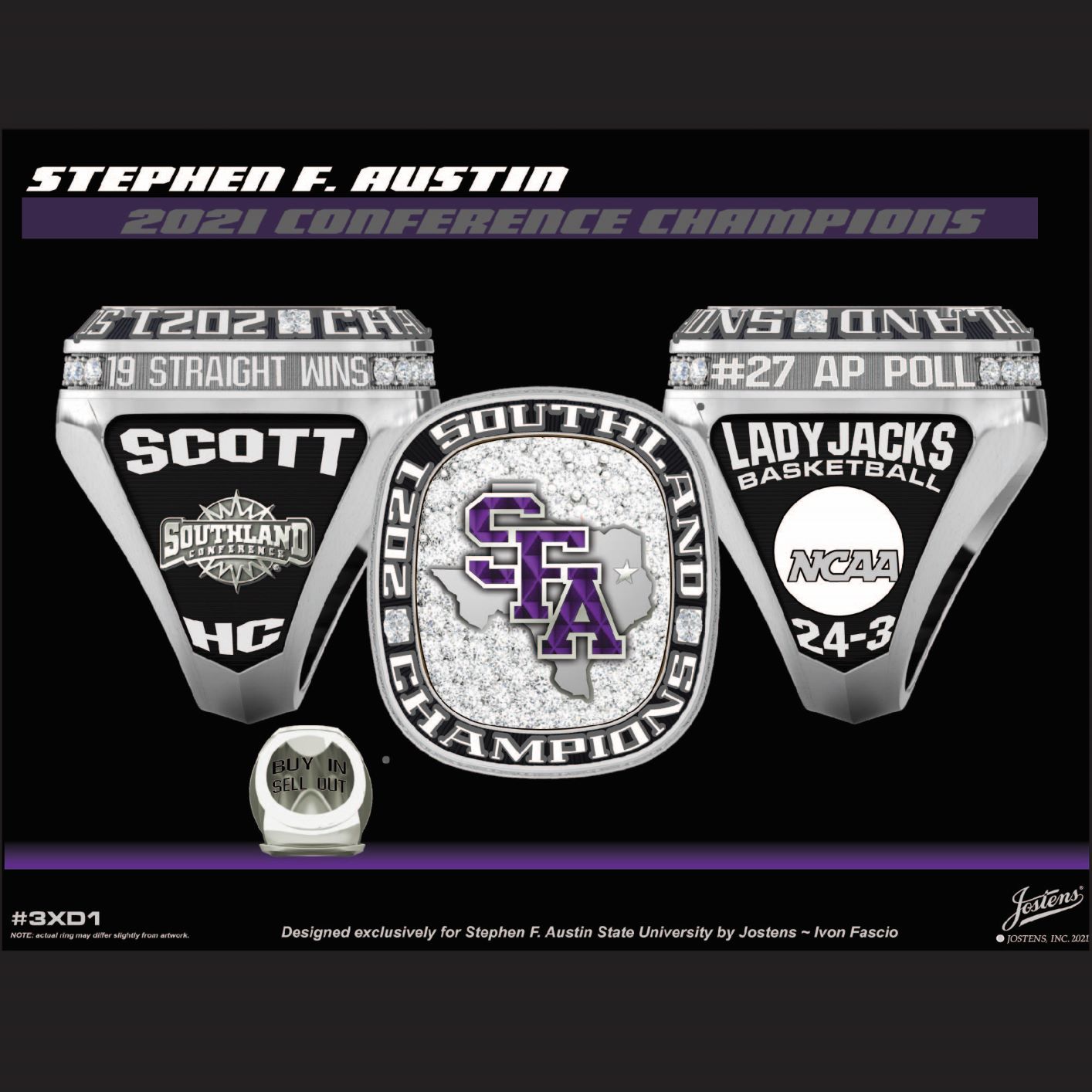 Stephen F. Austin State University Women's Basketball 2021 Southland Championship Ring