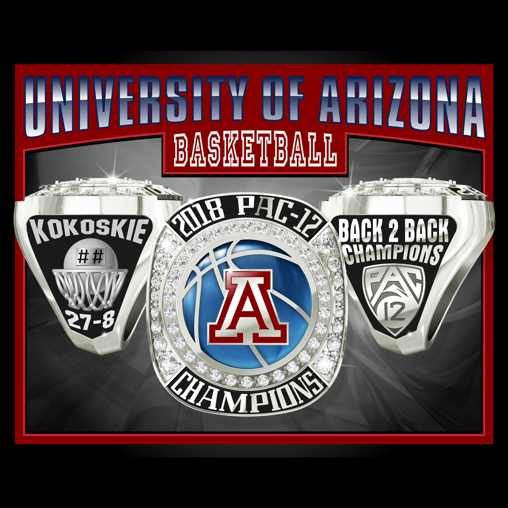 University of Arizona Men's Basketball 2018 Pac-12 Championship Ring