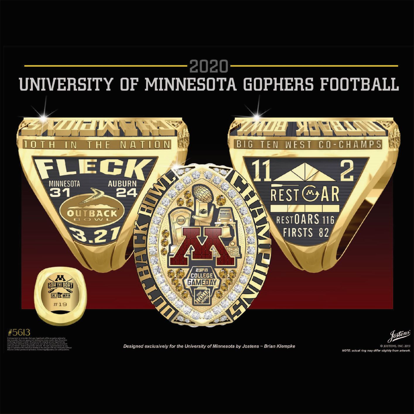 University of Minnesota Men's Football 2020 Outback Bowl Championship Ring