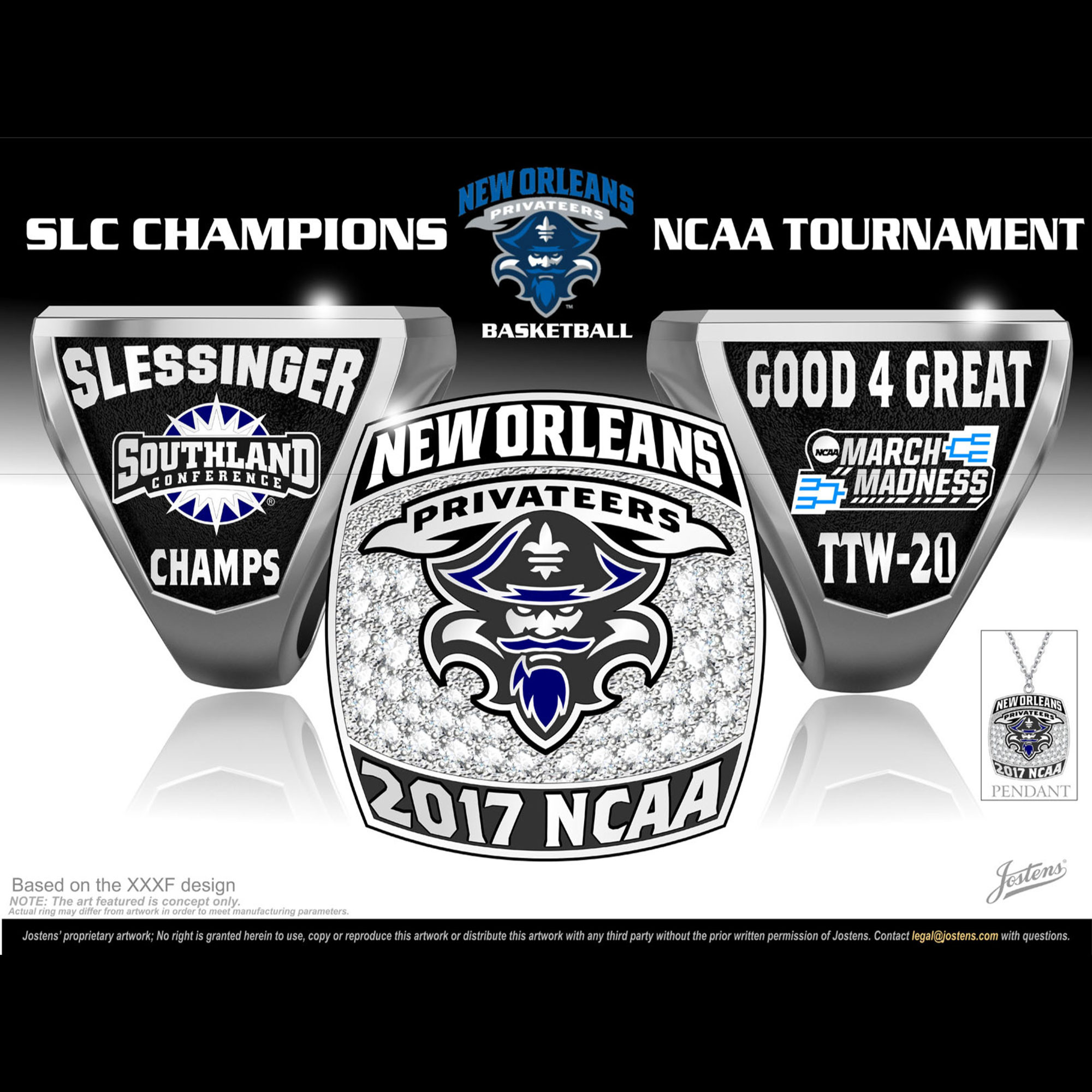 University of New Orleans Men's Basketball 2017 Southland Championship Ring