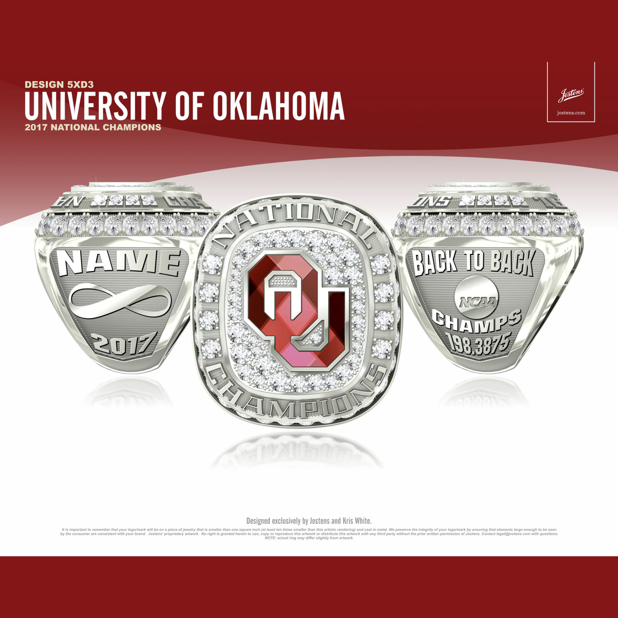 University of Oklahoma Women's Gymnastics 2017 National Championship Ring