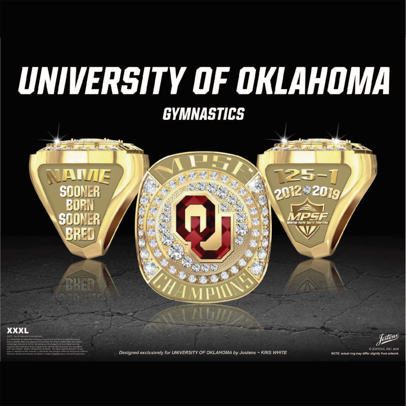 University of Oklahoma Women's Gymnastics 2019 MPSF Championship Ring