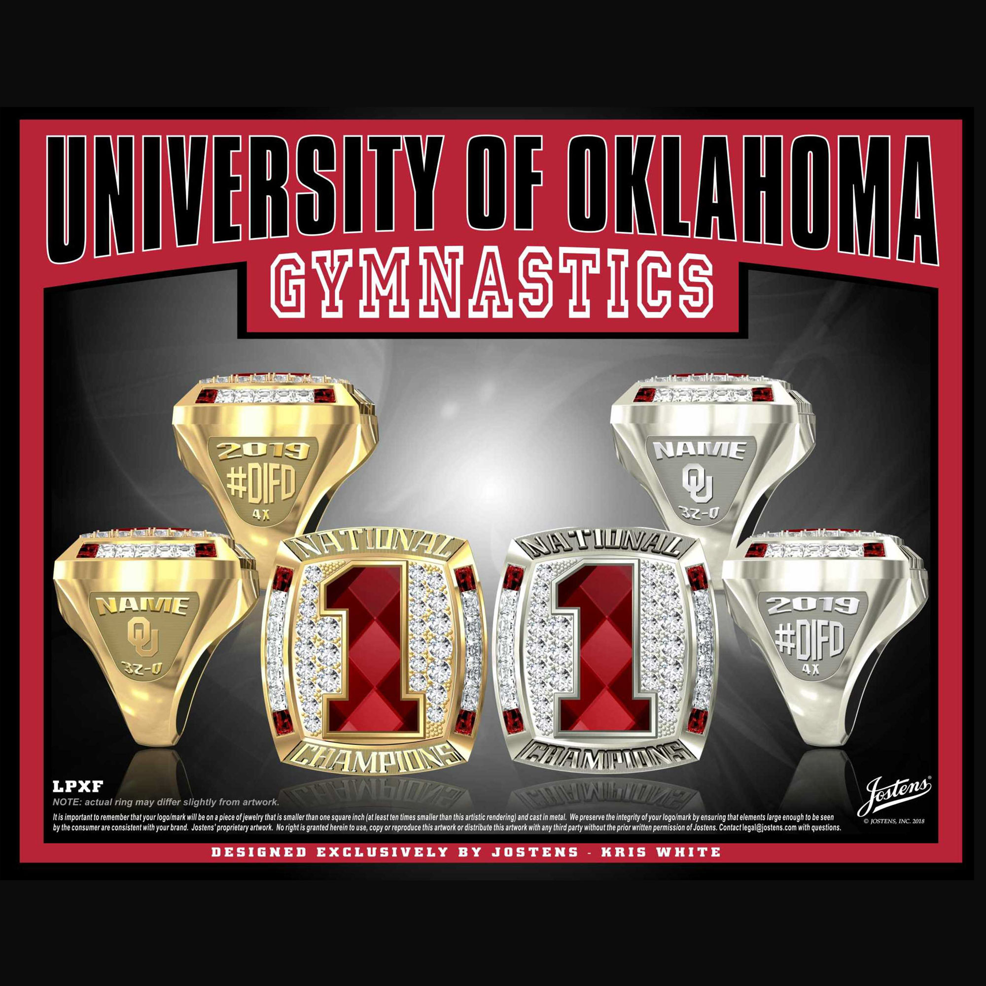 University of Oklahoma Women's Gymnastics 2019 National Championship Ring