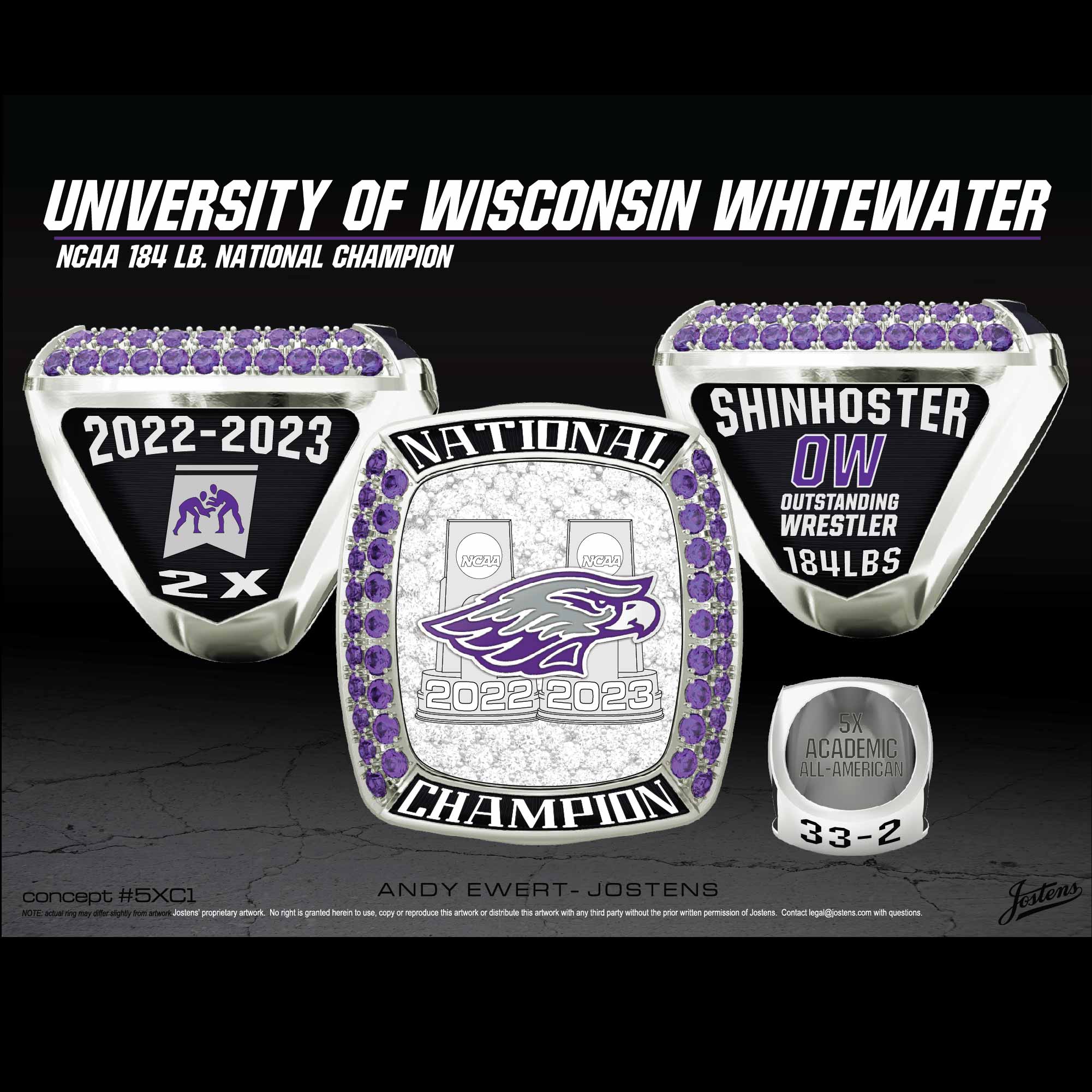 University of Wisconsin Whitewater Men's Wrestling 2023 National Championship Ring