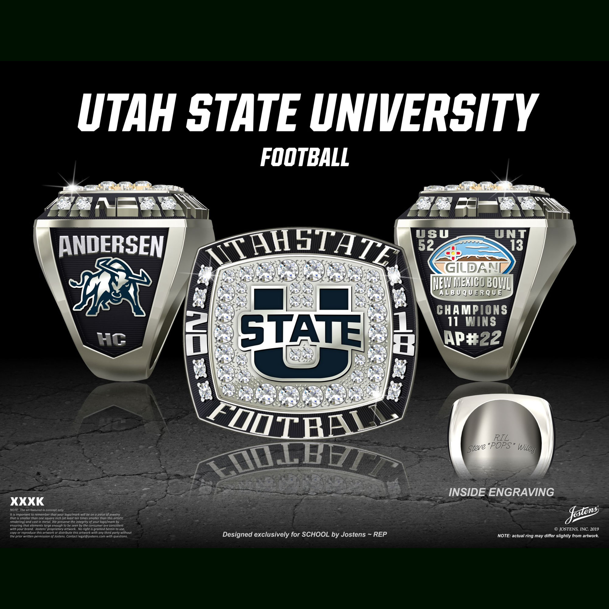 Utah State University Men's Football 2018 New Mexico Bowl Championship Ring