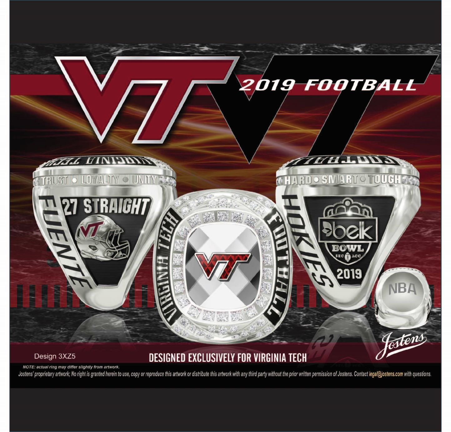 Virginia Tech University Men's Football 2019 Belk Bowl Championship Ring
