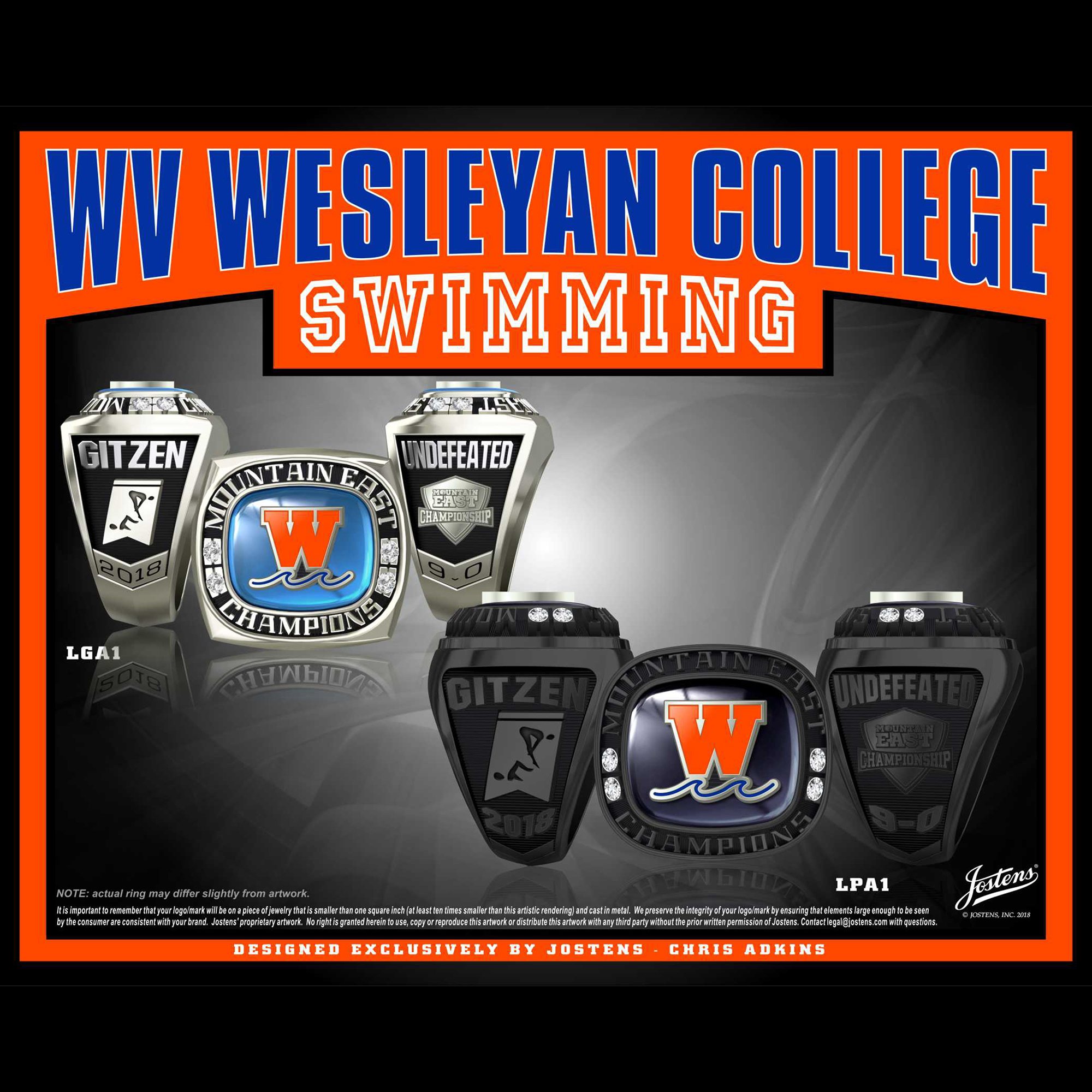 West Virginia Wesleyan College Men's Swimming & Diving 2018 Mountain East Championship Ring