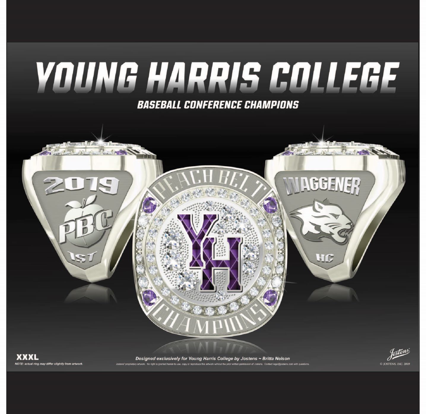 Young Harris College Men's Baseball 2019 Peach Belt Championship Ring