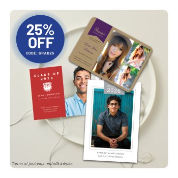 Graduate holding Jostens personalize photo card