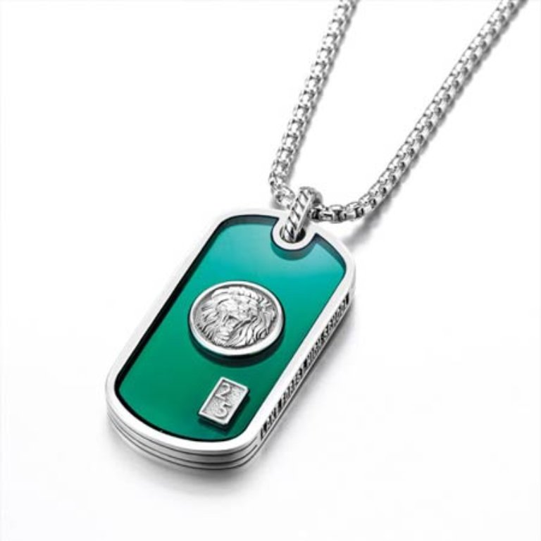 Men s Custom Birthstone Tag C62 in Silver with Green Stone