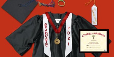 Graduation cap, gown and different combinations of ceremonial apparel