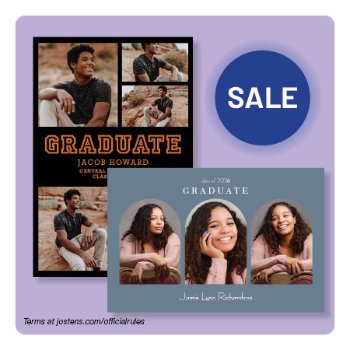 Graduate holding Jostens personalize photo card